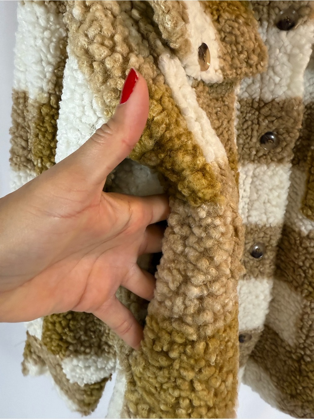 Shop Stevie Plaid Teddy Shacket in white & Tan size: S - Picture 9 of 14